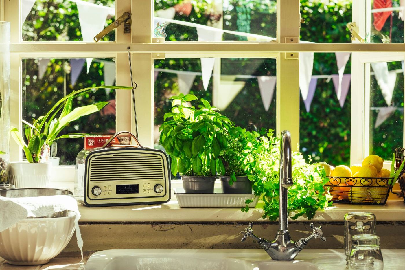 A sunny kitchen windowsill with herbs in pots, an old radio and a garden beyond the glass