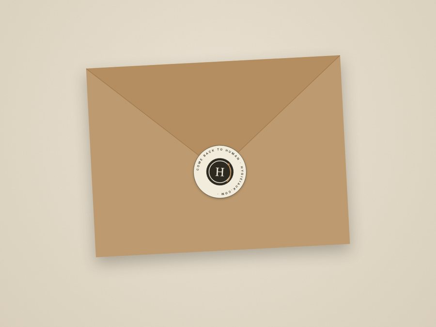 A kraft envelope sealed with the round HYGIEIA paper sticker