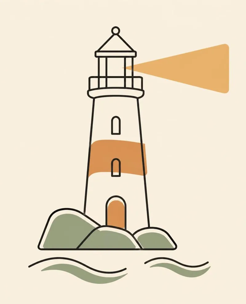 The Lighthouse postcard: a striped lighthouse shining over the sea